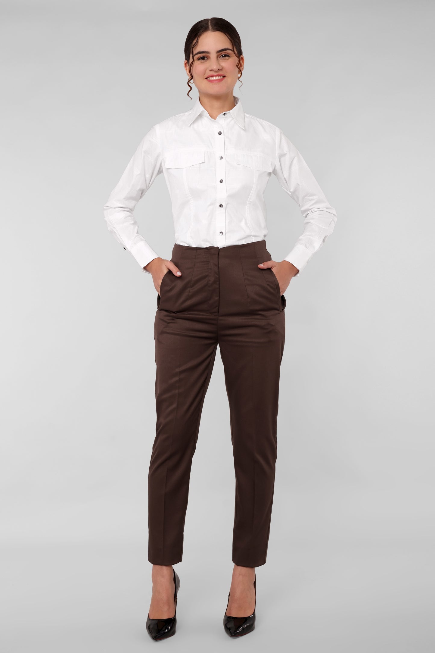 5880 - High Waist Stretch Brown Trouser
