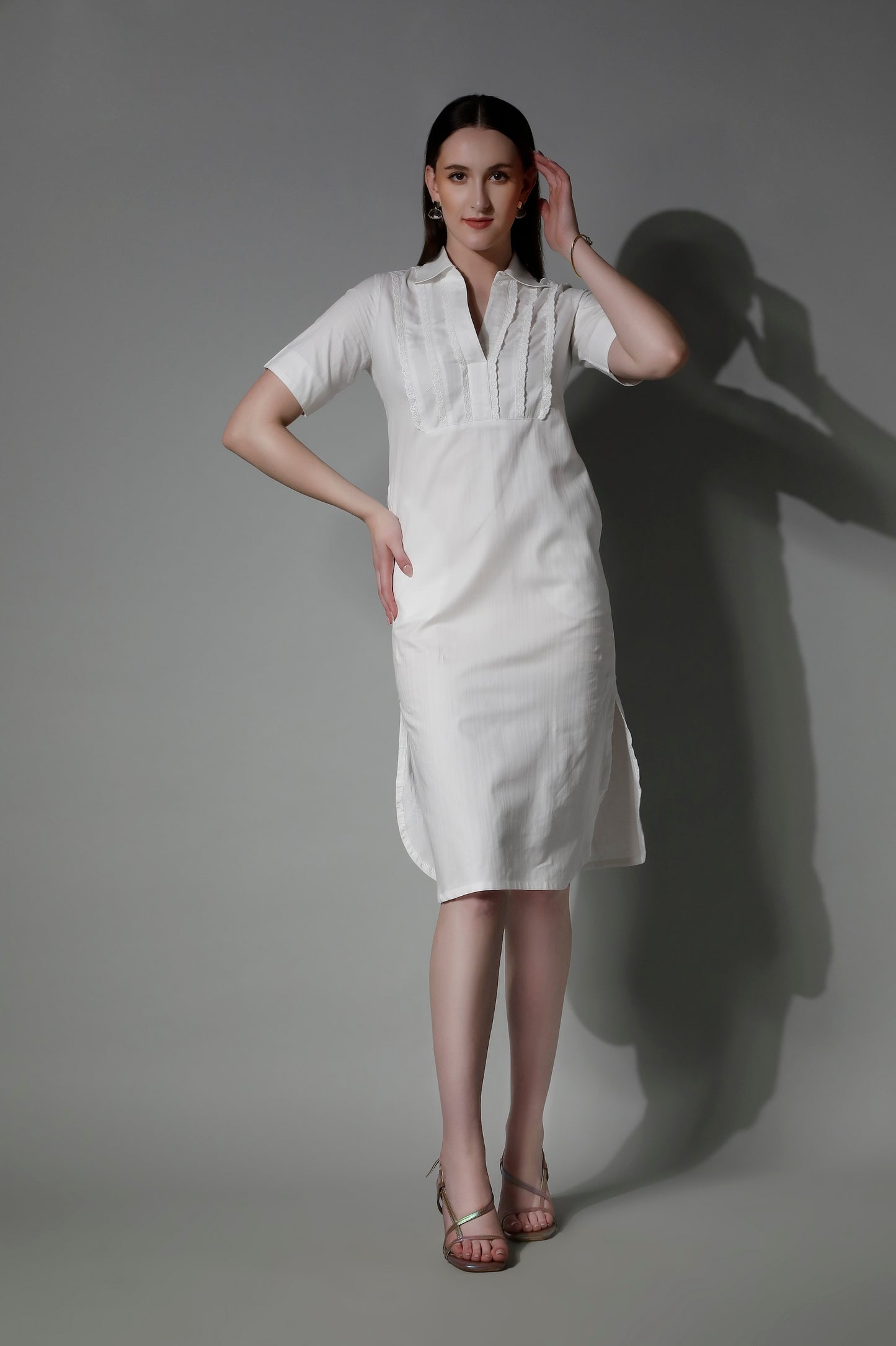 Classic White Cotton Women Midi Dress 5565 POLYMNIA - Comfort by SHÄËWÉ