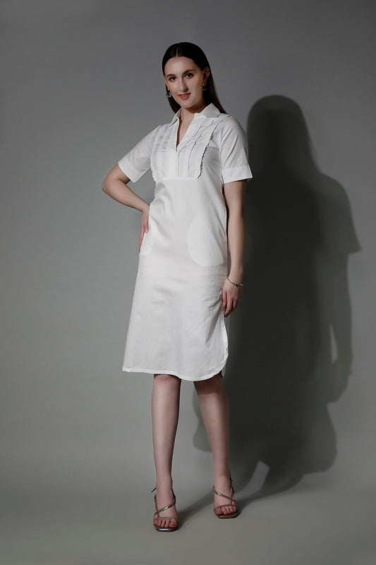 Classic White Cotton Women Midi Dress 5565 POLYMNIA - Comfort by SHÄËWÉ