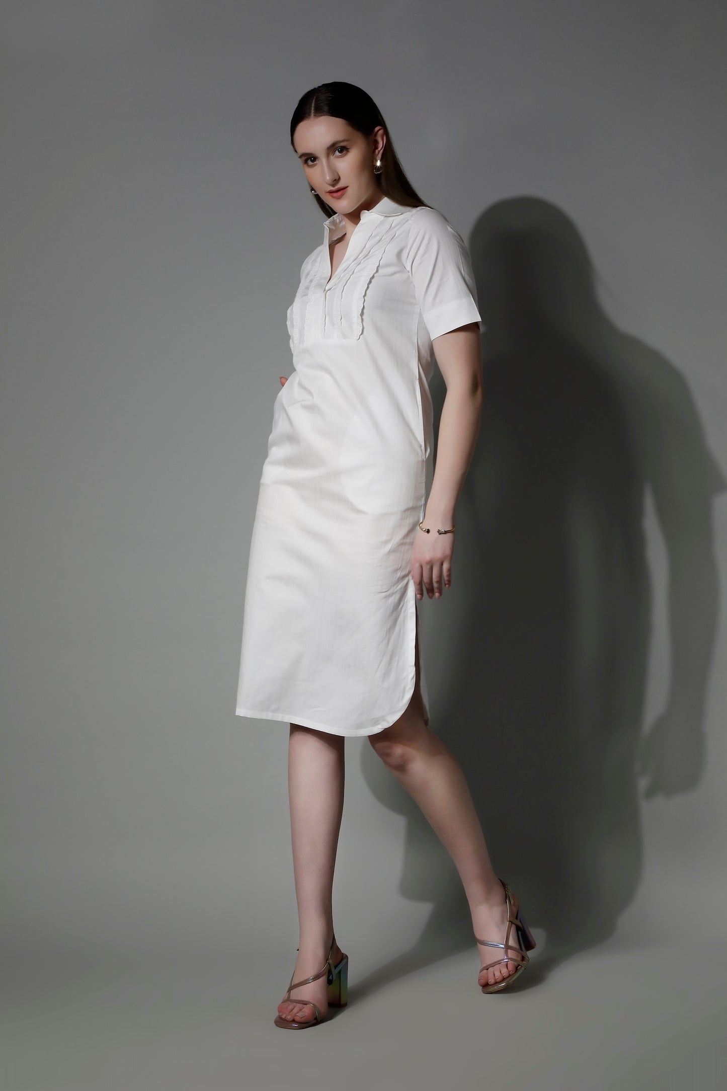Classic White Cotton Women Midi Dress 5565 POLYMNIA - Comfort by SHÄËWÉ