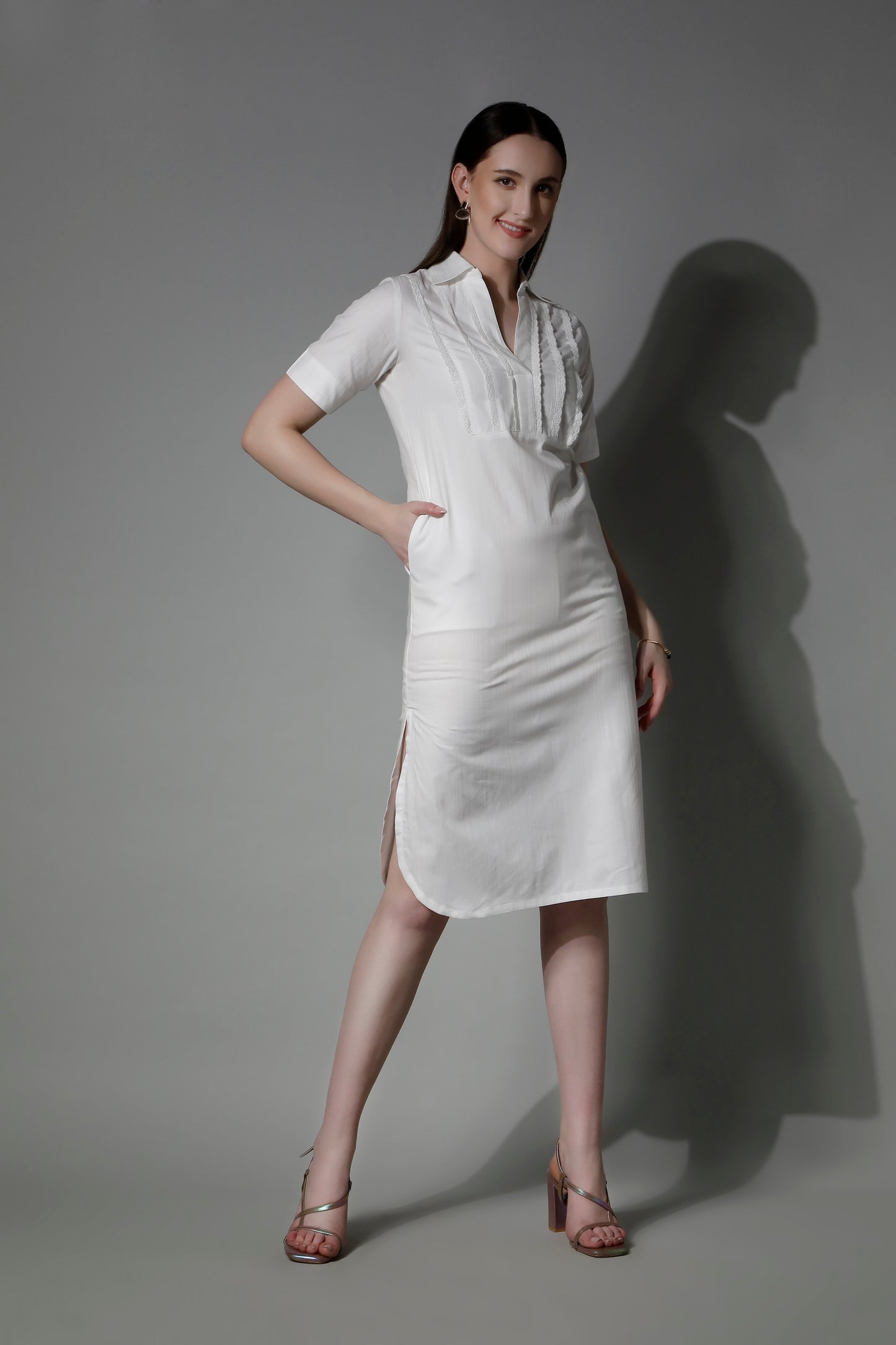 Classic White Cotton Women Midi Dress 5565 POLYMNIA - Comfort by SHÄËWÉ