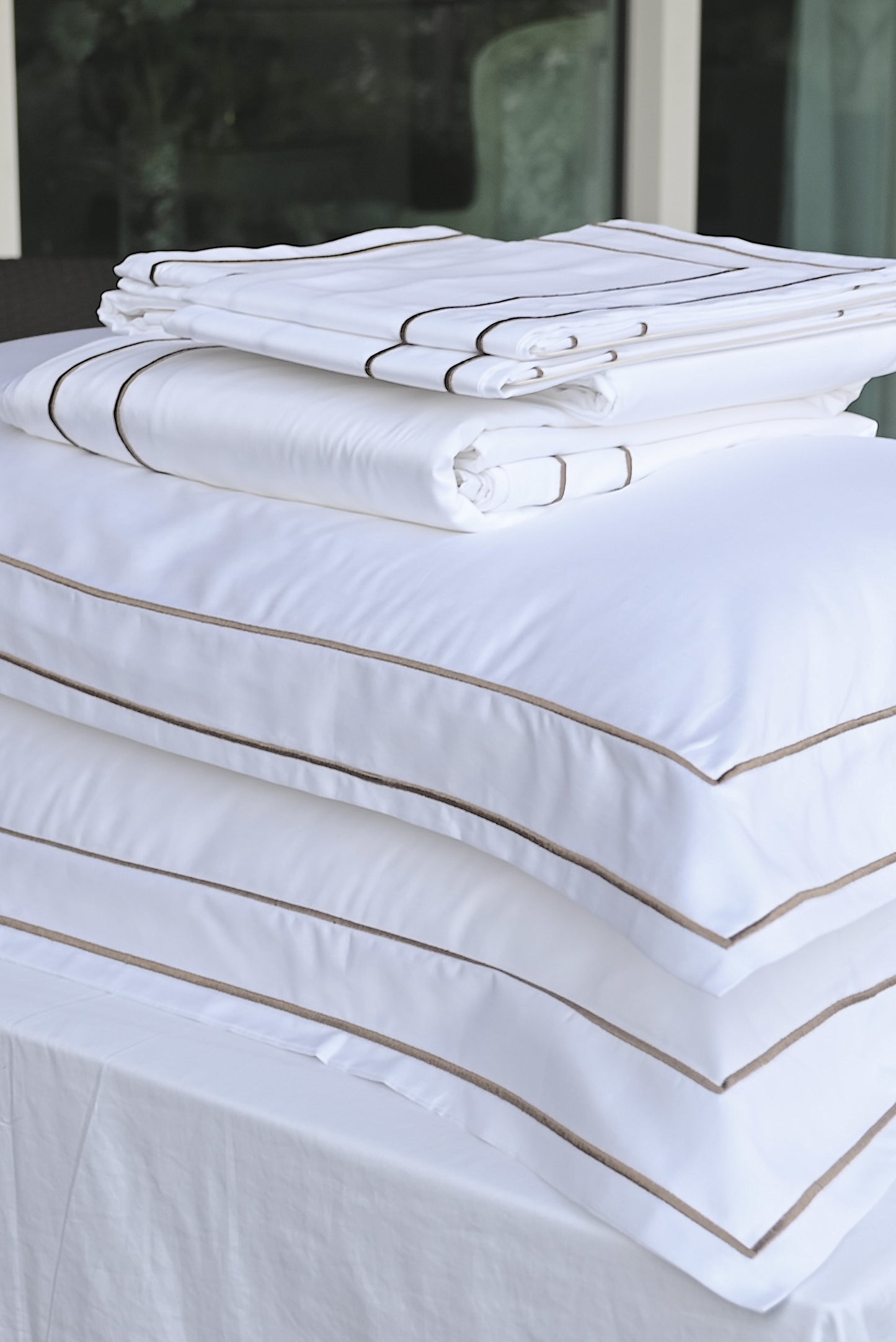 ELIZABETH - Two Row Embroidery White Duvet Cover - Light Mocha