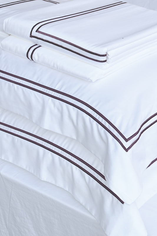 CHARLES - Double Row Embroidery White Bed Sheet (w/ 2 Pillowcases) - Dark Violet