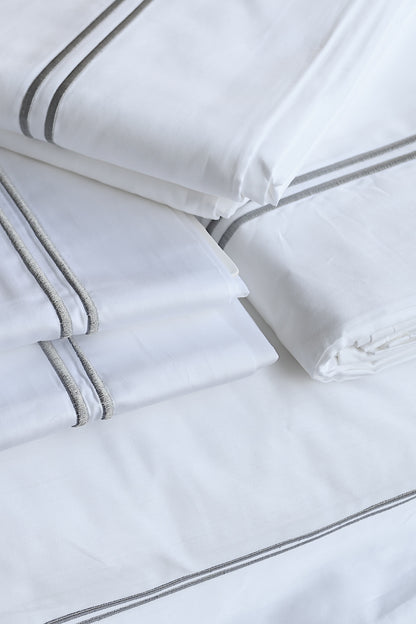 CHARLES - Double Row Embroidery White Bed Sheet (w/ 2 Pillowcases) - Light Grey