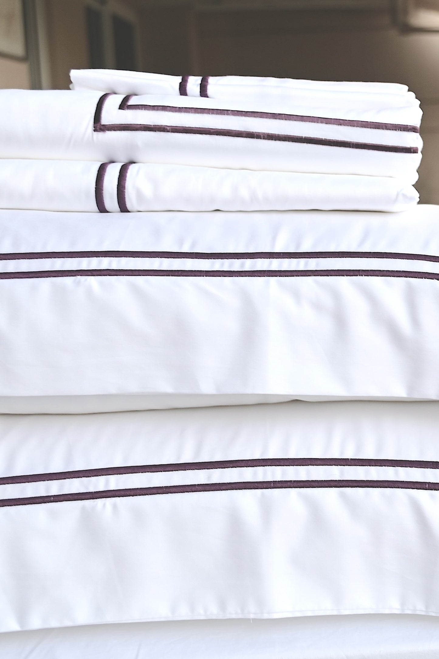 CHARLES - Double Row Embroidery White Duvet Cover - Dark Violet