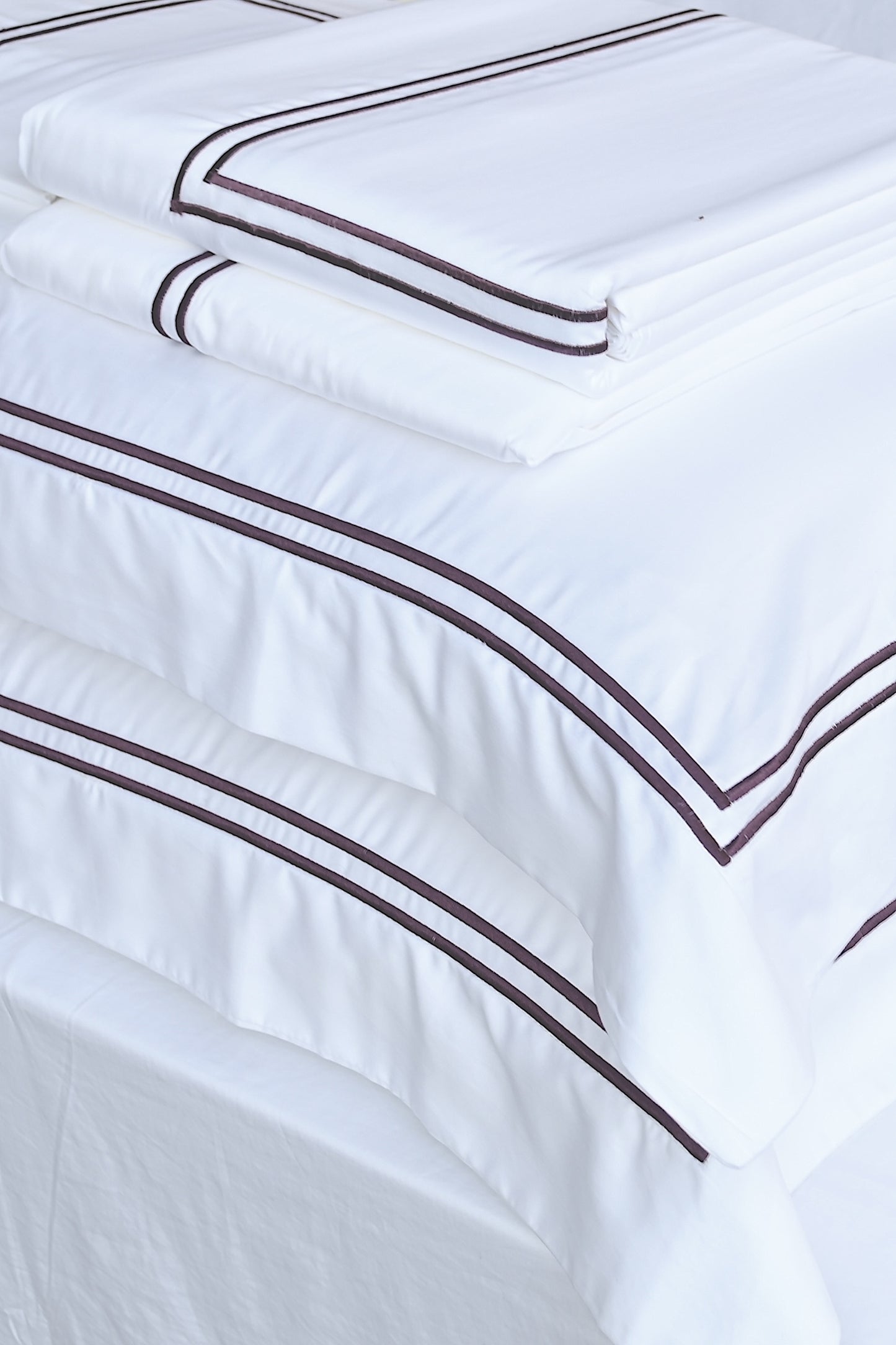 CHARLES - Double Row Embroidery White Pillowcase (Set of 2) - Dark Violet