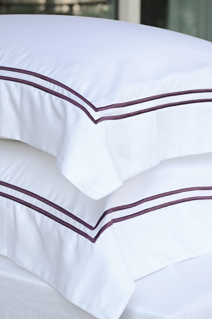 CHARLES - Double Row Embroidery White Pillowcase (Set of 2) - Dark Violet